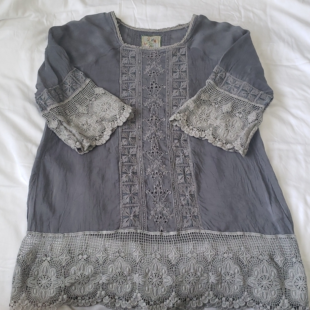 Johnny Was Boho Embroidered Lace Tunic Top, Grey, Size XS